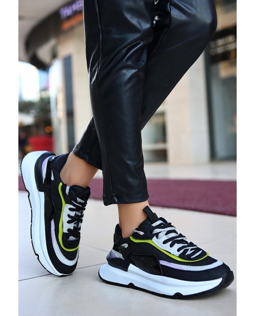 Aleh Siyah Cilt Lila Detaylı Spor Ayakkabı