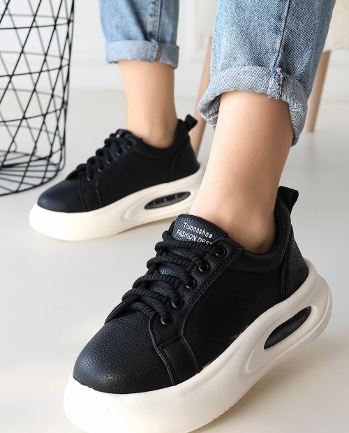 Chris Siyah Cilt Bağcıklı Spor Ayakkabı