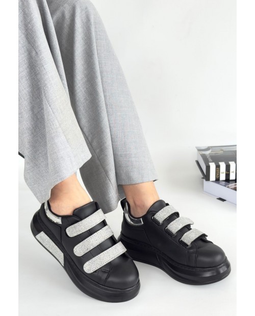 Elika Siyah Cilt Simli Cırt Cırtlı Spor Ayakkabı