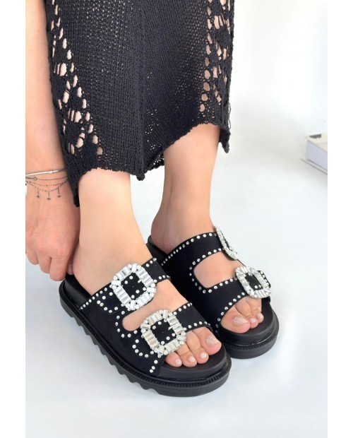 Juana Siyah Nubuk  Taşlı Terlik
