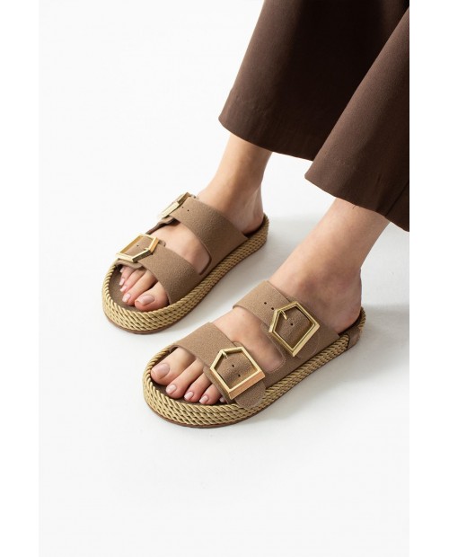 Loera Vizon Nubuk Çift Tokalı Terlik