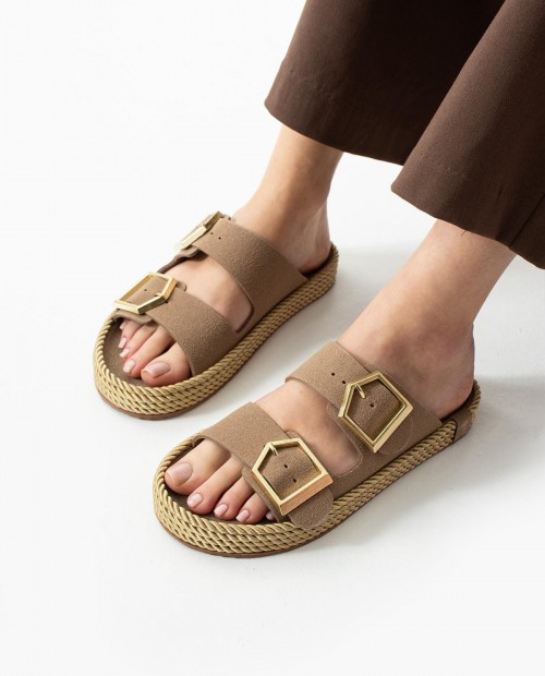 Loera Vizon Nubuk Çift Tokalı Terlik