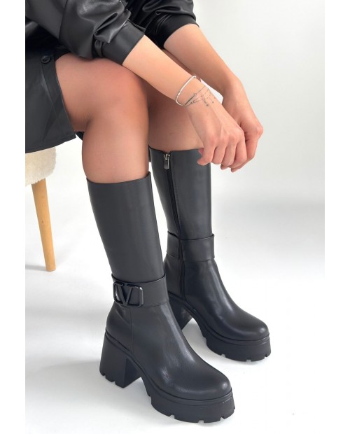 Moki Siyah Cilt Topuklu Çizme