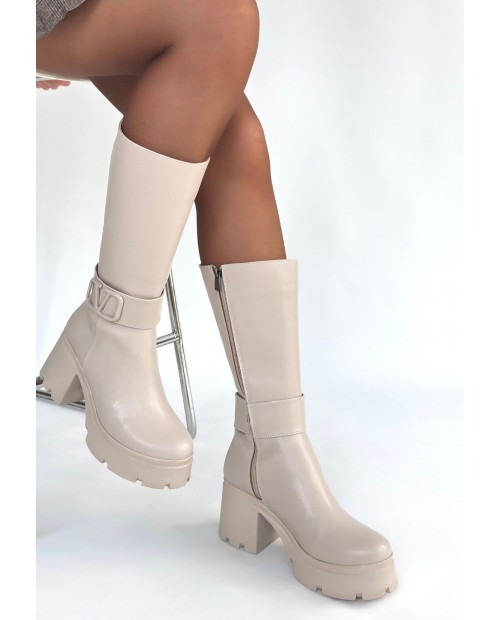 Moki Bej Cilt Topuklu Çizme