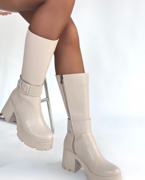 Moki Bej Cilt Topuklu Çizme