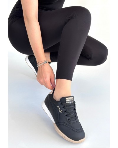 Tawen Siyah Cilt Bej Tabanlı Bağcıklı Spor Ayakkabı