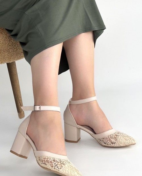 Dmop Bej Cilt Tül Detaylı Topuklu Ayakkabı