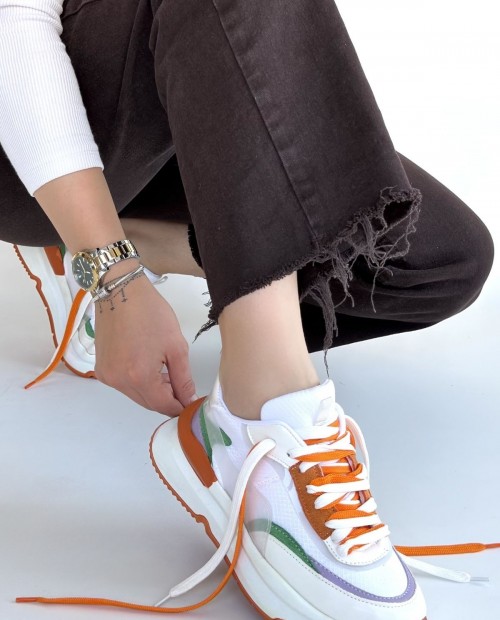 Aleh Beyaz Cilt Turuncu Detaylı Çift Bağcıklı Spor Ayakkabı