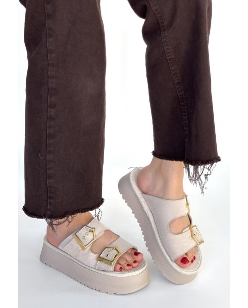 Coer Bej Süet Çift Tokalı Terlik