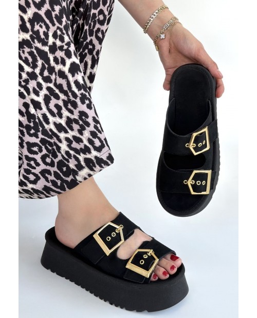 Coer Siyah Süet Çift Tokalı Terlik