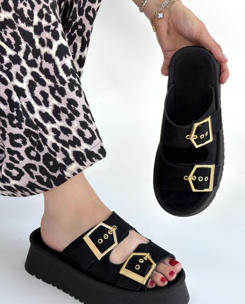 Coer Siyah Süet Çift Tokalı Terlik