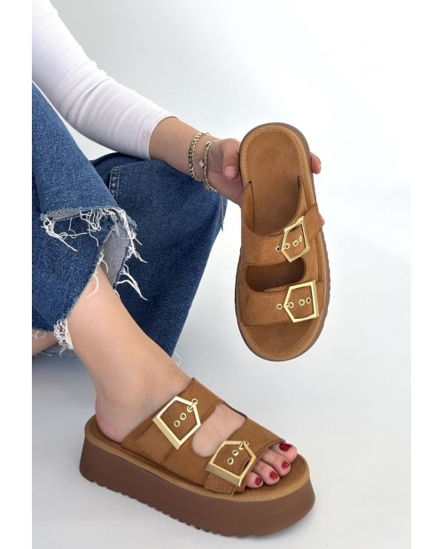 Coer Taba Süet Çift Tokalı Terlik