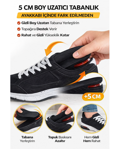 5 CM Boy Yükseltici Topuk Tabanlık – Gizli Topuk, Konforlu ve Darbe Emici Ayakkabı İçi Tabanlık