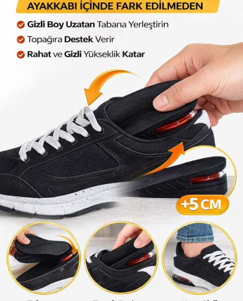 5 CM Boy Yükseltici Topuk Tabanlık – Gizli Topuk, Konforlu ve Darbe Emici Ayakkabı İçi Tabanlık