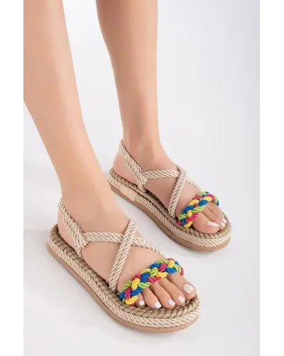 Hasır Kadın Sandalet Krem Vio