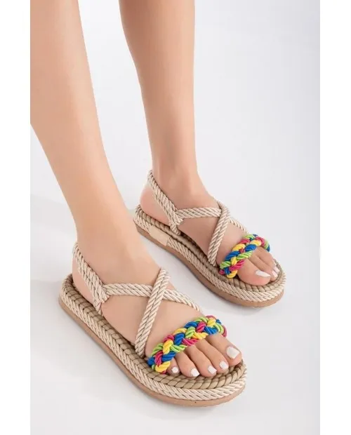 Hasır Kadın Sandalet Krem Vio
